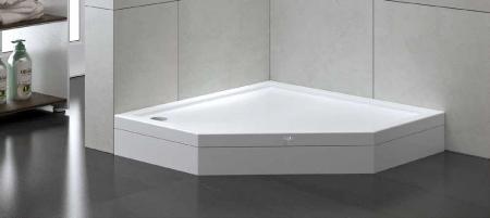 Shower tray with pentagon panel